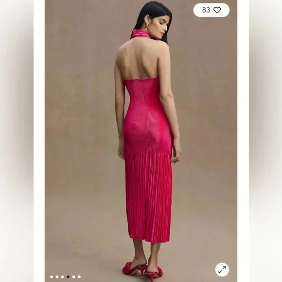 NWT L’idee Soirée Pleated Halter Neck Side Slit Gown Size AU8/US4 Hot Pink - Picture 2 of 10